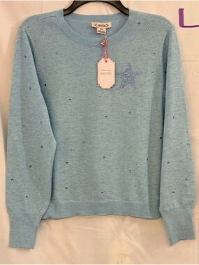Nanette Lepore Pale Blue Crystal-Embellished Star Crewneck Sweater